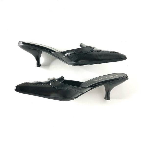 NIB Prada Logo Plaque Black Pointed Toe Kitten Heel Mules Pumps 36.5 - Picture 5 of 10